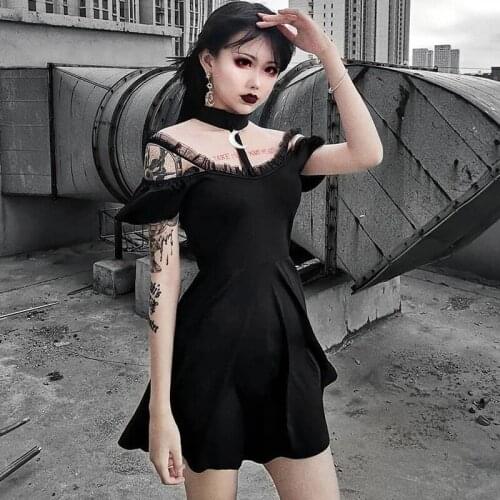 Dark Girl Pleated Dress 2020 New Summer Women Back Moon Zip Off Shoulder Halter Sexy Lace Sling High Waist Tops Punk Streetwear
