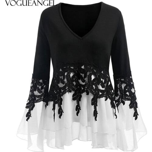 10 Colors Plus Size Women Blouse Casual Applique Layered Flare Sleeve Chiffon Panel Flowy Women Tops Clothing Blouses Femme