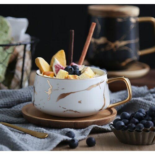 300ml Luxury matte ceramic marble tea coffee Cups and with wood Saucers black and white gold inlay ceramic cups