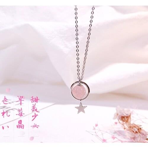 925 Sterling Silver Chain Charming Pendants Necklace Embrace Strawberry Quartz Refined Jewelry Nifty Bead Exquisite Star Stylish