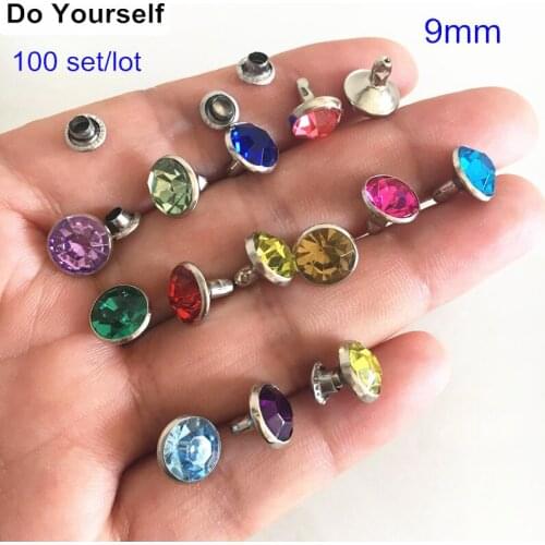 Free Shipping -9mm Colorful Round Faceted Acrylic Bead Rivet Stud Spike With Silver Color Metal Base - 8 Colors - 100 Set