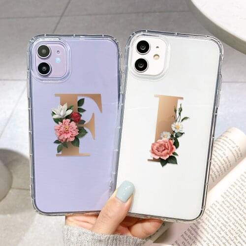 Letters A-Z Phone Case For IPhone 11 Pro 12 Pro Max XS Max X XR 7 8 Plus 6 6S Iphone12 Mini Shell Transparent Flower Funda Cover