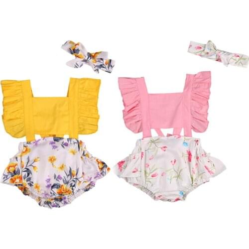 FOCUSNORM 0-24M Newly Lovely Infant Baby Girls Rompers Headband 2pcs Flowers Print Ruffles Sleeve Jumpsuits