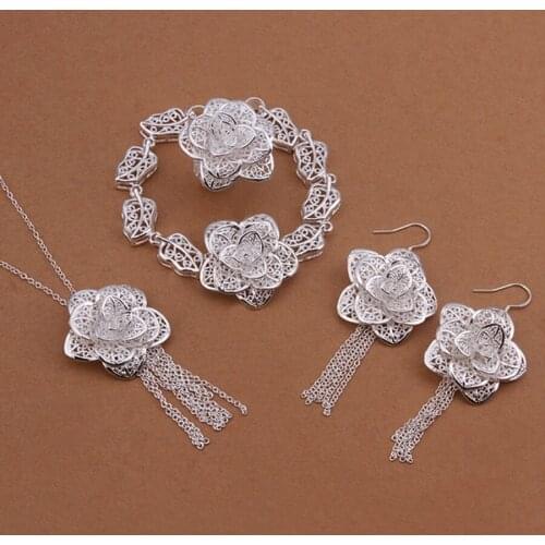 Solid silver wedding jewelry charm exquisite large flowers necklace bracelet Drop Earrings fashion Silver color jewelry Set