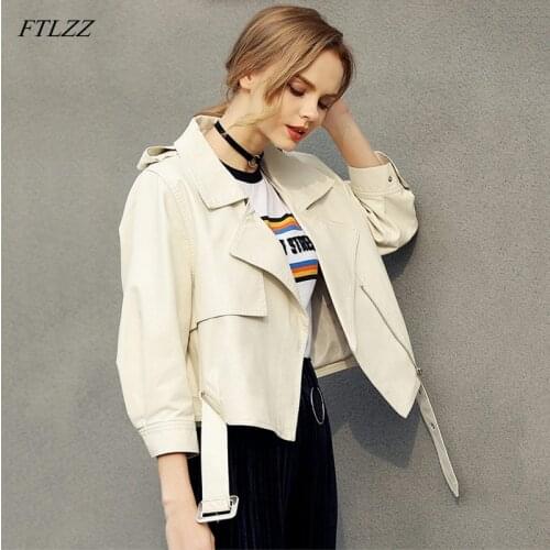 FTLZZ New Women Pu Leather Jacket Coat Female Slim With Belt Three Quarter Sleeve Short Faux Leather Jacket
