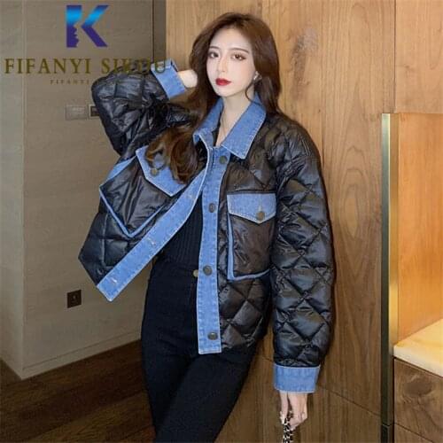 Denim Spliced Down Jackets Women Big Pocket Lapel Fashion Winter Jacket Thick Warm Short Parka Loose Down Cotton Coat Female