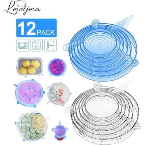 LMETJMA 6/12PCS Reusable Silicone Stretch Lids Kitchen Fresh Keeping Covers Compression Universal Silicone Stretch Lids KC0338
