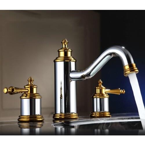 Best Luxury chrome & gold brass Double handle three holes Widespread Bathroom Sink Faucet high quality Basin Vanity Mixer Tap