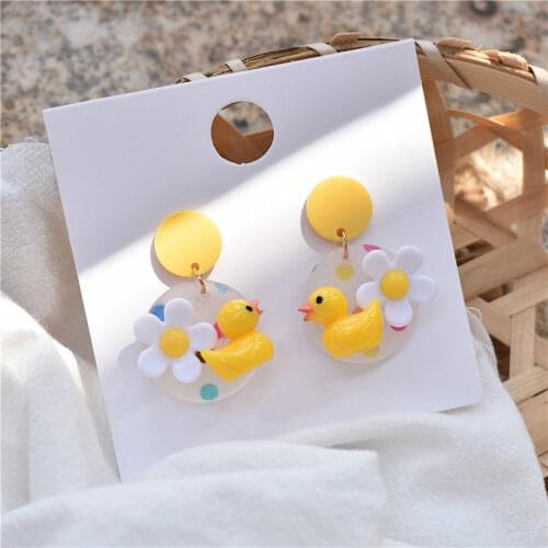 Kawaii Cartoon Duck Earrings for women girls Cute Flower Dangle Drop Earrings Korean Resin Fashion Jewelry Wholesale