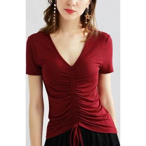 Fashion women sexy V-neck Pleated lace-up modal cotton knit short-sleeved shirt,11 candy color plus size slim blouse tops l-7XL