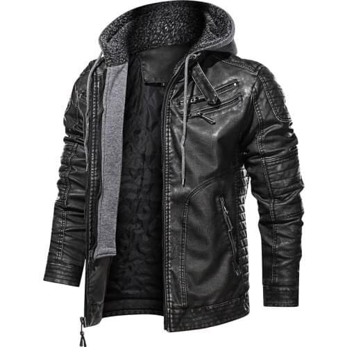 QSuper Autumn Winter Men Leather Jacket Motor And Biker Hooded Mens Coats Standard Motorcycle Male Leather Jackets Dropshipping