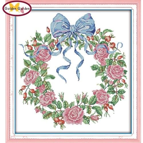 GG Rose Garland Counted Cross Stitch Kits Embroidery Needle Craft Stamped Joy Sunday Cross Stitch Patterns for Home Decoration