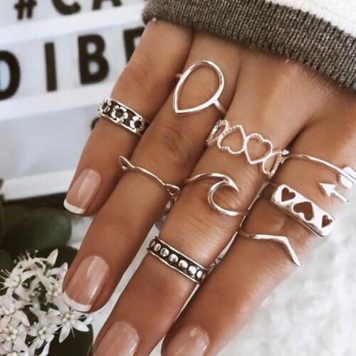 20pcs /lot Mixed Elephant Leaves Wave Moon Crystal Geometric Silver Color Joint Ring Set Women Wedding Party Jewelry Accessories