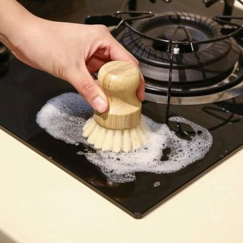 New Palm Pot Brush- Bamboo Round 3 Packs Mini Dish Brush Natural Scrub Brush Durable Scrubber Cleaning Kit for Cleaning Pots, Pa