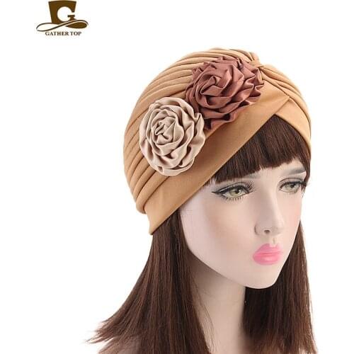 New Women Turban Handmade Headwrap Double Flower Hijab Headscarf