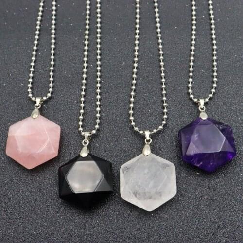 Faceted Hexagonal Natural Gem Stone Necklaces & Pendants Opal Lapis Lazuli Pink Quartz Tiger Eye Chakra Reiki Jewelry for Women