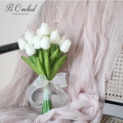 PEORCHID Real Touch Tulip Weddding Bridal Bouquets White Pink Red Bridesmaids Holding flowers Artificial Simple Hand Bouquet
