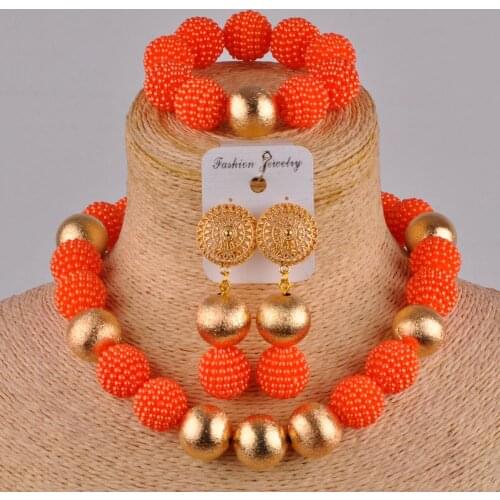 Simple African Bride Wedding Orange Imitation Pearl Necklace Female Wedding Birthday Gift Nigeria Wedding Jewelry Set AZ-114