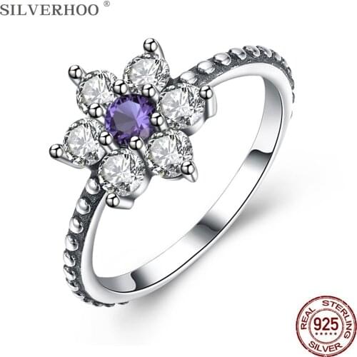 SILVERHOO Vintage Rings For Women Sterling Silver 925 Jewelry Cute Flower Shape Cubic Zirconia Ring Romantic Anniversary Gift
