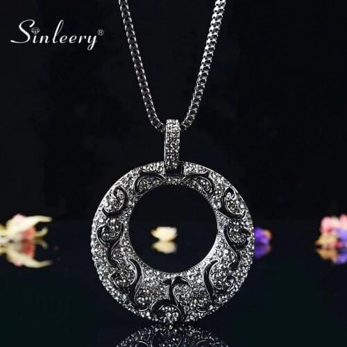 SINLEERY Vintage Big Hollow Pattern Round Pendant Necklace Black Color Long Chain For Women Statement Necklace Jewelry MY097 SSI