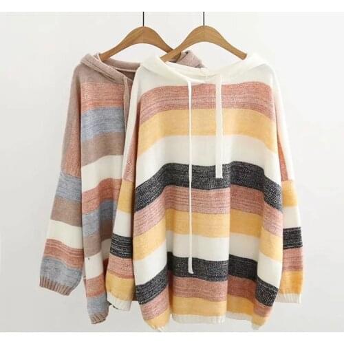 2021 womens pullover autumn and winter new Korean fashion lazy wind hooded collar long sleeve loose casual striped sweater