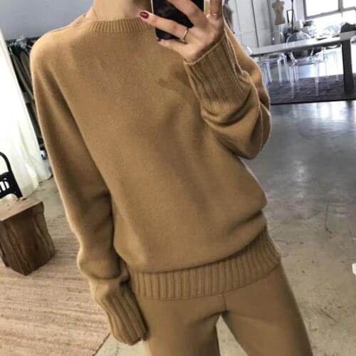 2020 O-neck Full New Cashmere Suit Womens Knit Wide-leg Pants And Loose Lazy Thick Round Neck Sweater Two-piece Warm Women