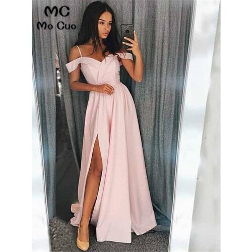 Straps Pink Long Evening Dresses Short Sleeve Front Slit Womens Evening Dress Pleat Satin Prom Dress Custom Made