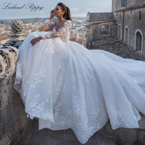 Lceland Poppy Elegant A-line Lace Appliques Wedding Dress 2021 Long Sleeves Scoop Neck Vestido de Novia Bridal Gowns