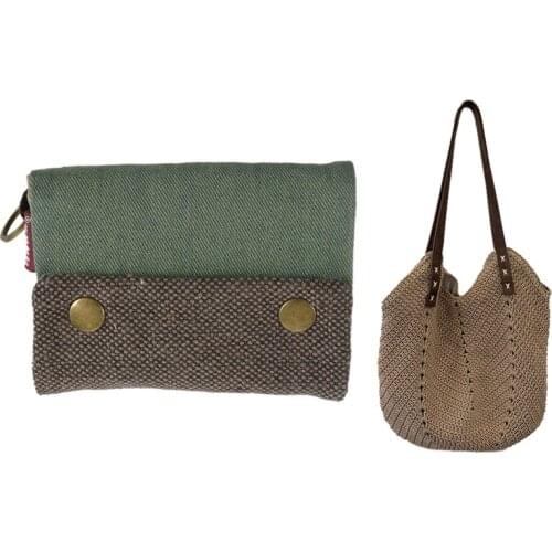 2PCS Unisex Men Womens Three Layer Folded Manual Canvas Wallet Bag Green With Fashion Popular Woven Bag Brown