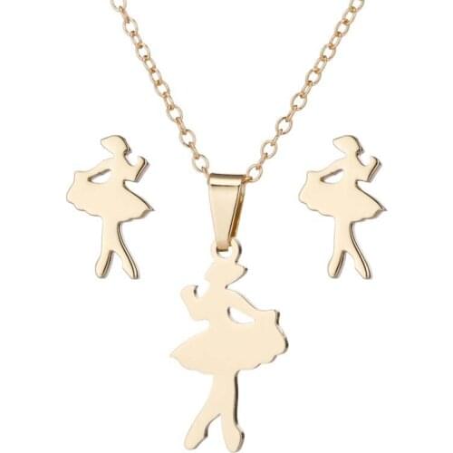 AsJerlya Simple Stainless Steel Dancing Girl Pendant Necklace Stud Earrings Collar For Women Girls Jewelry Sets Dropshipping