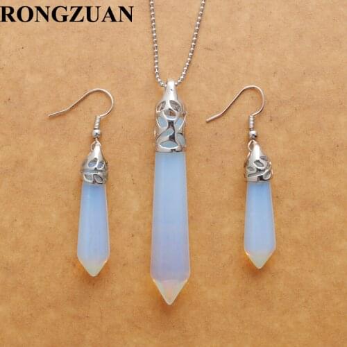 Free shipping Natural White Opalite Gem Stone Hexagonal Pointed Reiki Chakra Beads Pendant Dangle Earrings Set Jewelry TQ3044