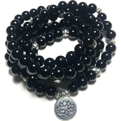 108 Mala 8mm Black Onyx Beaded Elastic Wrap Bracelet Meditation Yoga Healing Jewelry Men and Women Charm Bangle Lotus OM Amulet