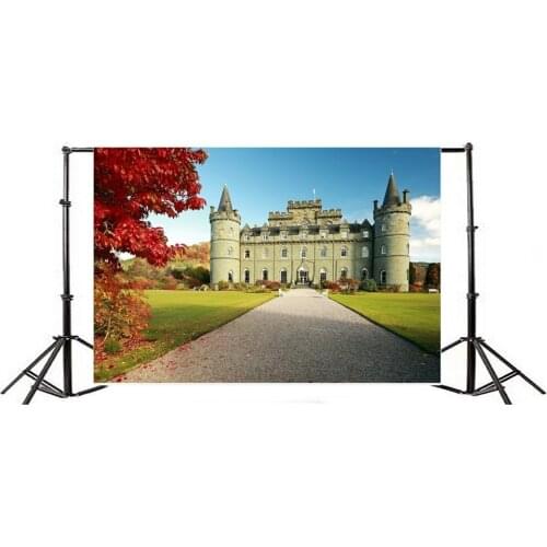 Photography Backdrop Ancient Church Elegant Castle Tower Green Grass Lawn Red Leaves Road Blue Sky White Cloud Sunshine Nature