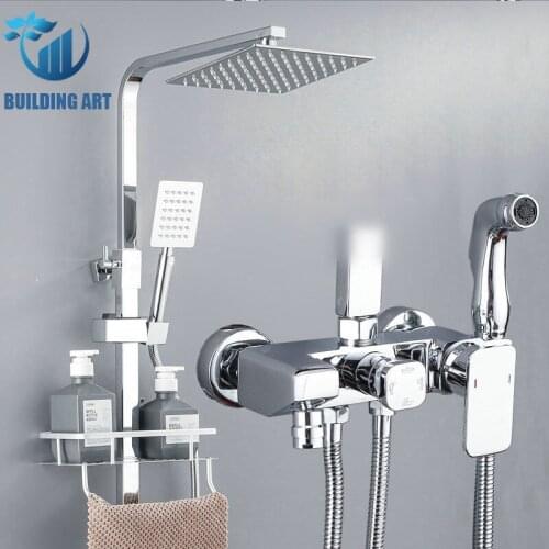 Chrome Thermostatic Brass Rain Shower Faucet Set Holder Sets Faucet Bathroom Shower Bidet Faucet Hot/Cold Mixer Crane Faucet