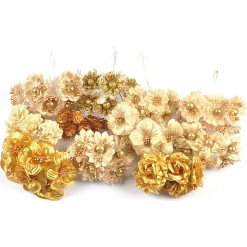 12pcs Gold Sliver Plastic Floristics Artificial Flowers for Wedding Birthday Decoration Flower Living Room Home Decor CP3091