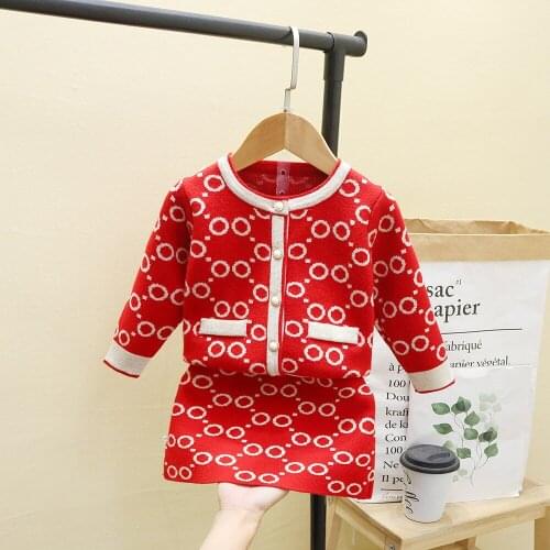 Girls Spring Autumn Sweet Style Clothing Set Children Printed Sweater Skirt 2pcs Outfits Kids Fashion Princess Party Clothes