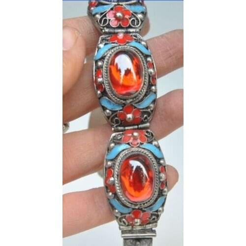 Beautiful Chinese Tibetan Silver Inlaid with Artificial Orange Zircon Cloisonne Flower Bracelet