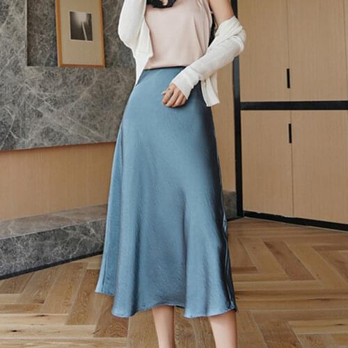 Summer Silk Midi Skirts Womens Korean England Style Satin Office Lady Simple Solid Elegant Faldas Mujer Moda Long Skirts Womens