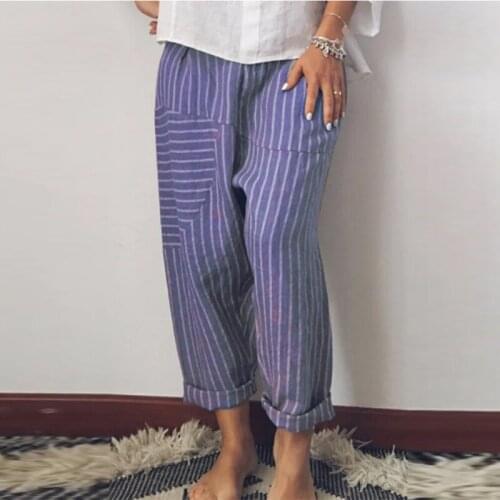 Linen Striped Women Harem Pants Irregular Stripe Patchwork Elastic Trouser For Women 2021 Summer Loose Pant Female Plus Size 4XL