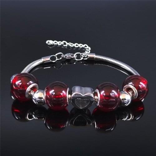 Love Heart Red Glass Stainless Steel Chain Bracelet for Women Silver Color Bracelets Bangle Jewelry pulseira feminina BXS01