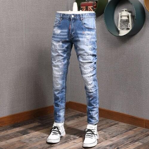 Fashion Streetwear Men Jeans Elastic Cotton Patchwork Ripped Jeans For Men Retro Light Blue Vintage Designer Hip Hop Pants Homme