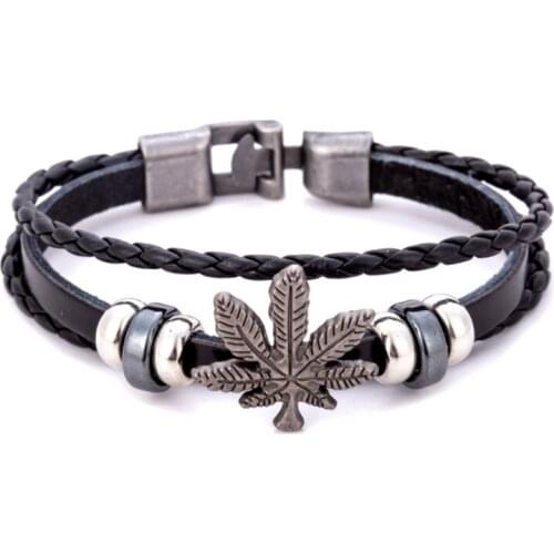 Punk Jewelry Vintage Silver Color Alloy Button Maple Leaf Accessories Brown Weave Leather Men Bracelet Male Bangles