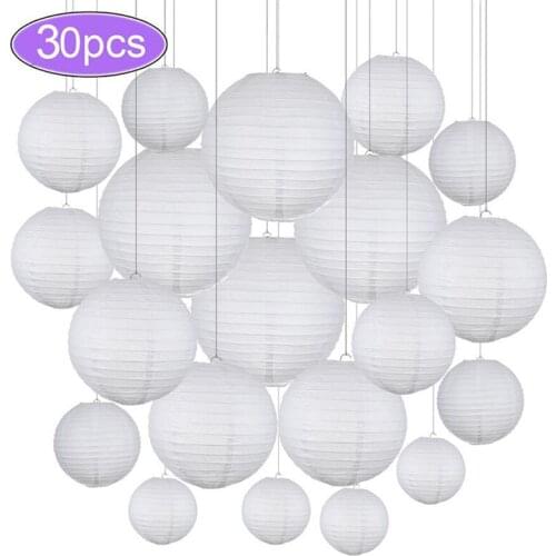 4 - 12 Inch Party Decor Chinese Paper Ball Lampion Hanging White LED Wedding Decoration Paper Lantern Ornament Mix Size 30PCS