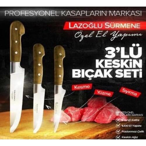 LAZOĞLU 3 Piece Knife Set Handmade, Chef Knife Set, Professional Kitchen Knives Steel Vegetable Butcher Knife for Cooking