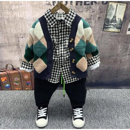New winter childrens clothing suits boys Knit Cardigan,plush T-shirts,plush jeans 3pcs children tracksuit boys clothes set 2-6y