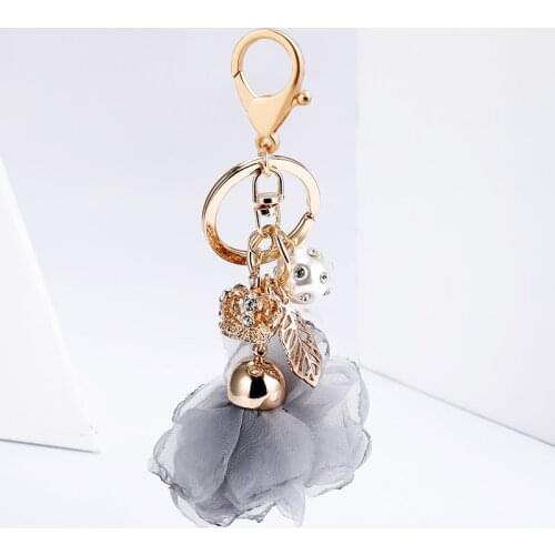 New Camellia Rose Keychain Women Romantic Bag Pendant Chiffon Lace Flower Crown Key Chains Fashion Korean Pearl Key Ring Holder