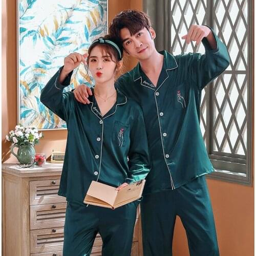 Couple Pajamas Sets Autumn Men And Women Silk Satin Pijamas Sleepwear Lover Home Night Suit Sleep Lounge Big Size M-XXXL