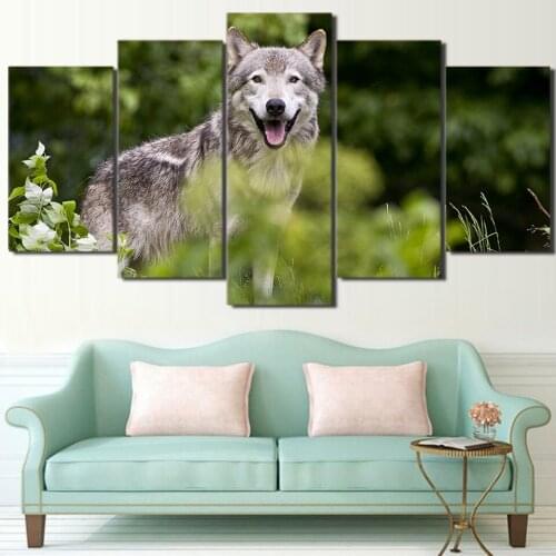 Poster Wall Printed Painting Modular 5 Panel Wild Forest Wolf Canvas Framework Art For Living Room Home Decor Artworks