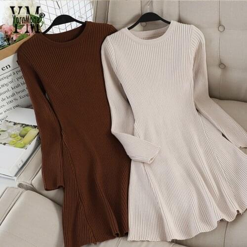 YornMona 2020 Women Basic Autumn Winter Sweater Dress Solid Brief A Line Short Dress Female Long Sleeve Knitted Dress Vestidos