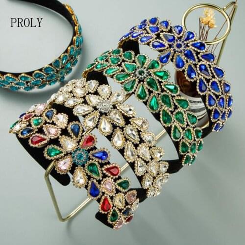 PROLY New Fashion Women Baroque Hairband Flower Rhinestone Headband Wide Side Headband Paved Diamond Hair Accessories